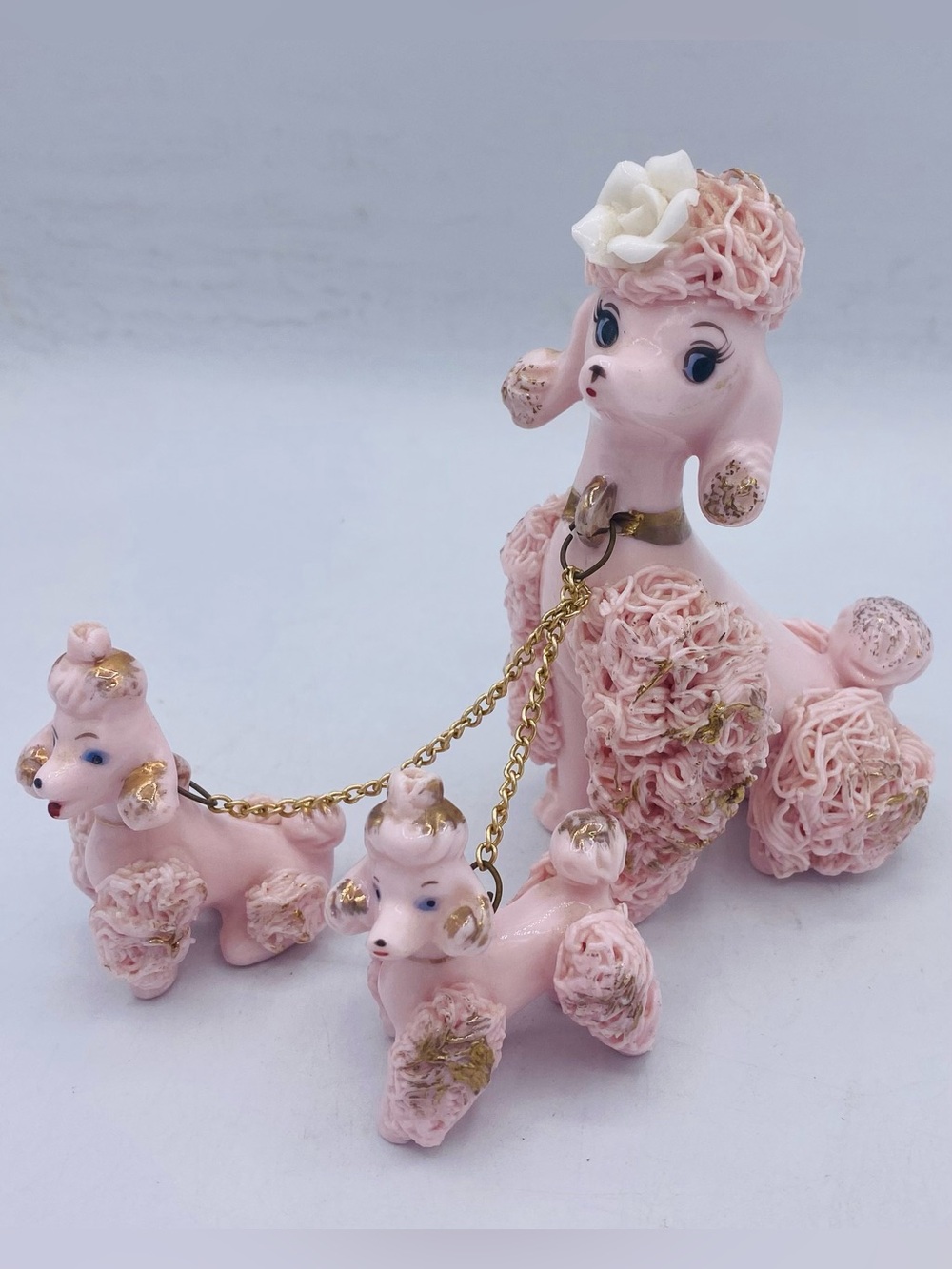 Vintage Lefton ’s 1950’s  Pink Spaghetti Poodle Set Mother And 2 Pups Figurines